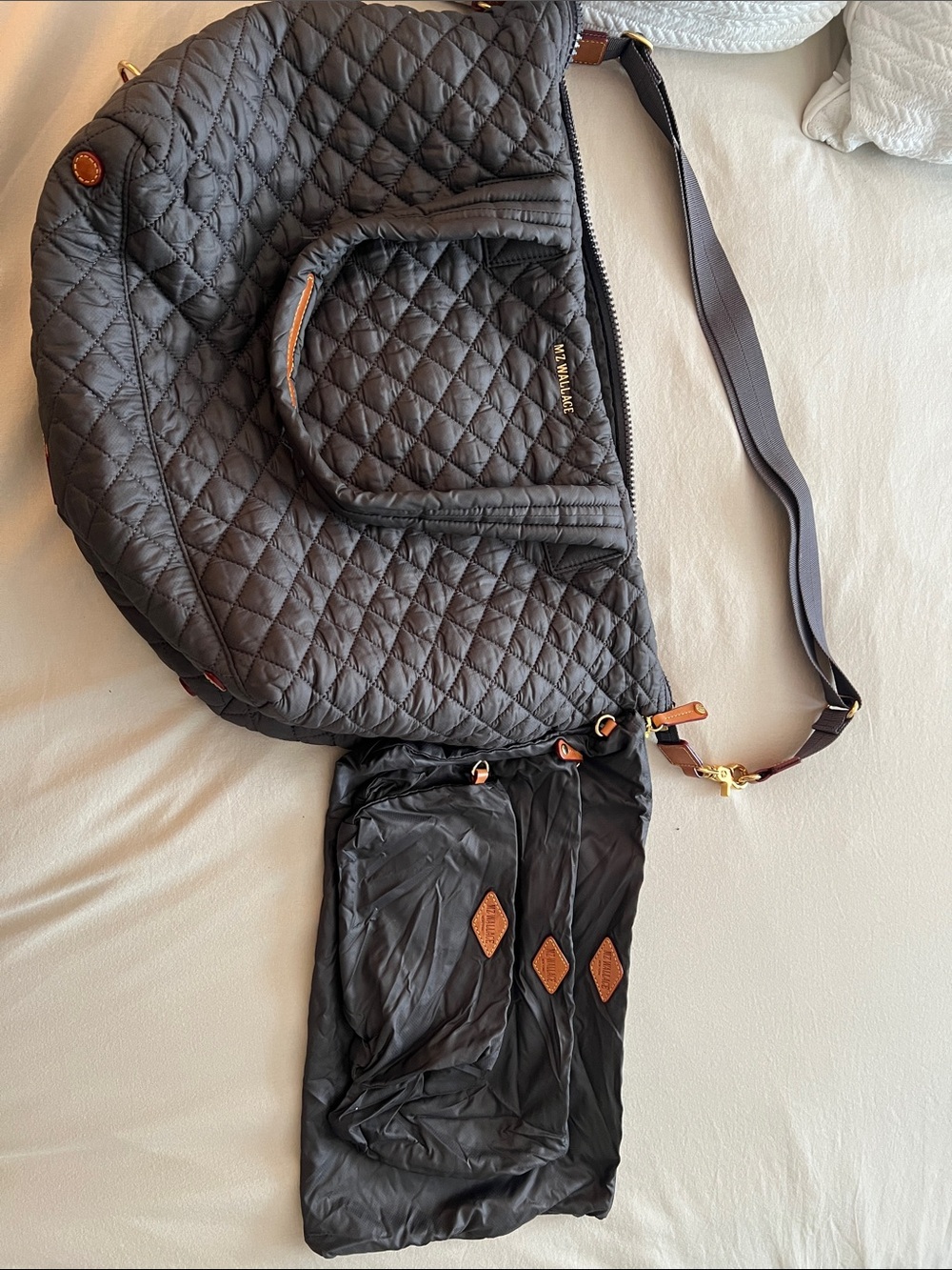 MZ Wallace Black Quilted Messenger Bag with Tan Accents